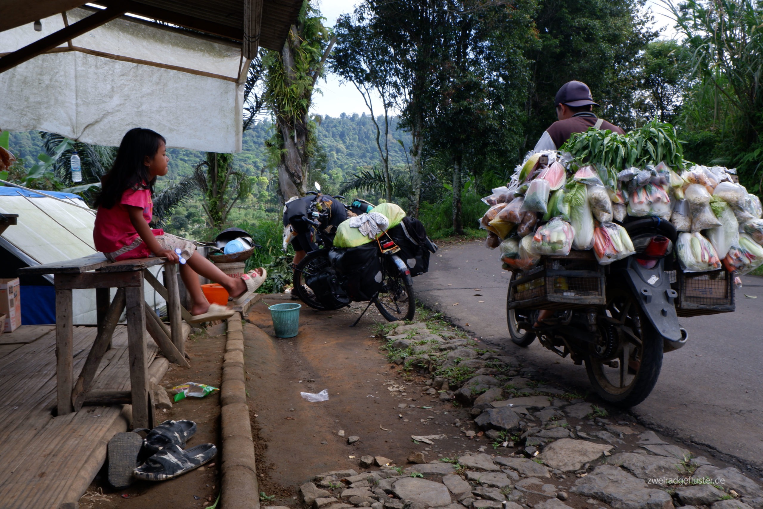 Während unserer Frühstückspause kommt das Markt-Moped. Gemüse in kleinen Plastiktüten schmücken das ganze Gefährt,